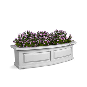 Mayne Nantucket window box front view with paneled design and vibrant blooms.