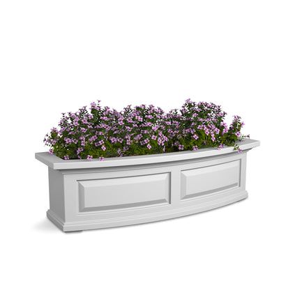 Mayne Nantucket window box front view with paneled design and vibrant blooms.
