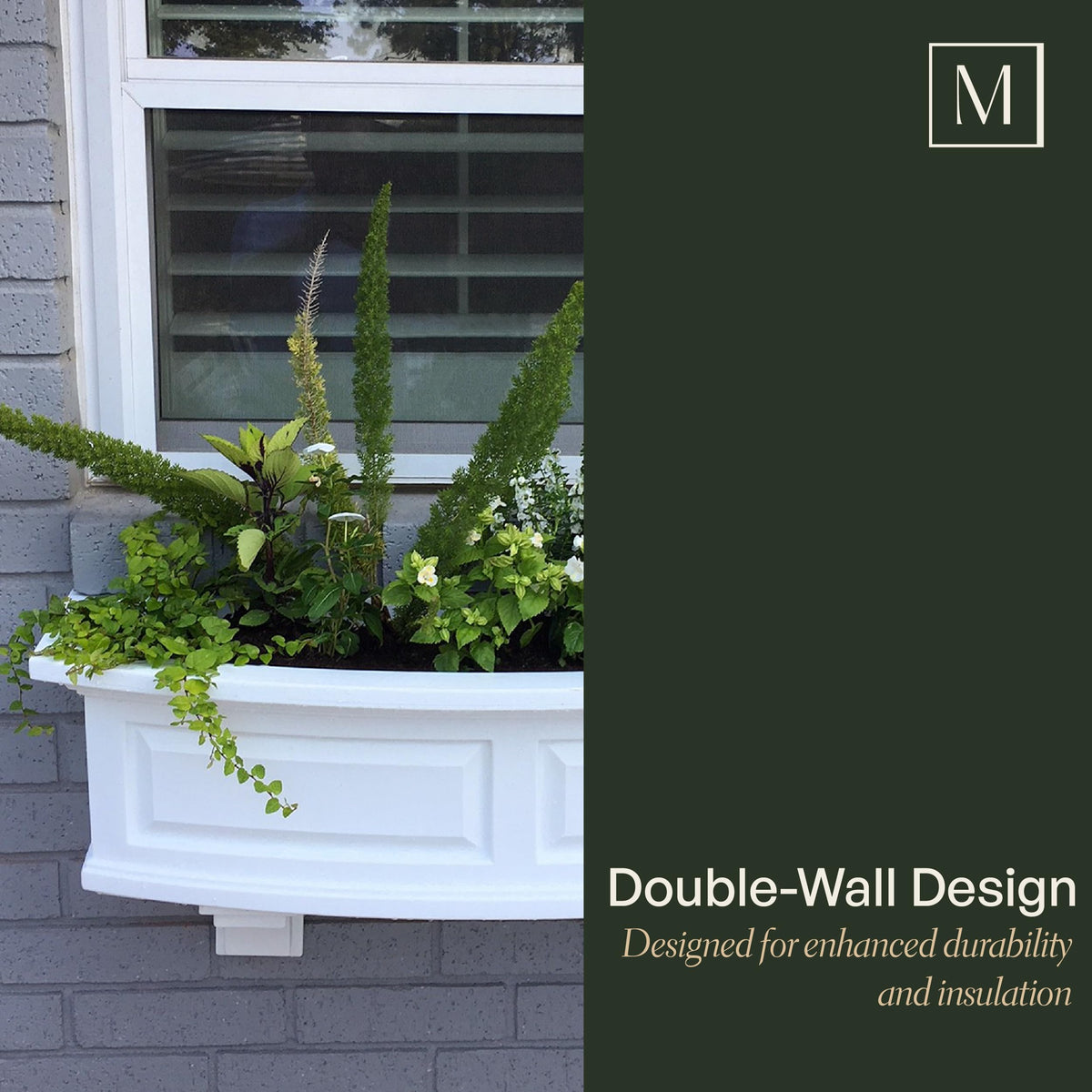 Mayne Nantucket window box side mount demonstrates durable, weather-resistant outdoor installation.