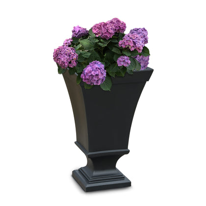 Mayne Vienna urn planter in black, front view for stylish year-round outdoor display.