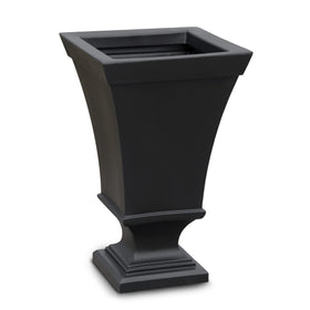 Mayne Vienna black urn planter, side view, showcasing compact footprint for patios.