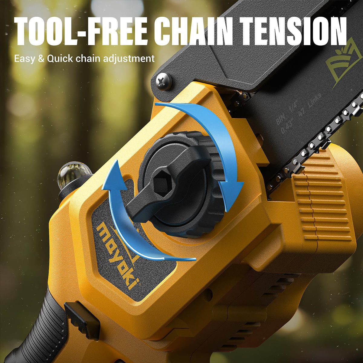 Durable 68CrNiMo chain on Mayoki chainsaw for longer life.