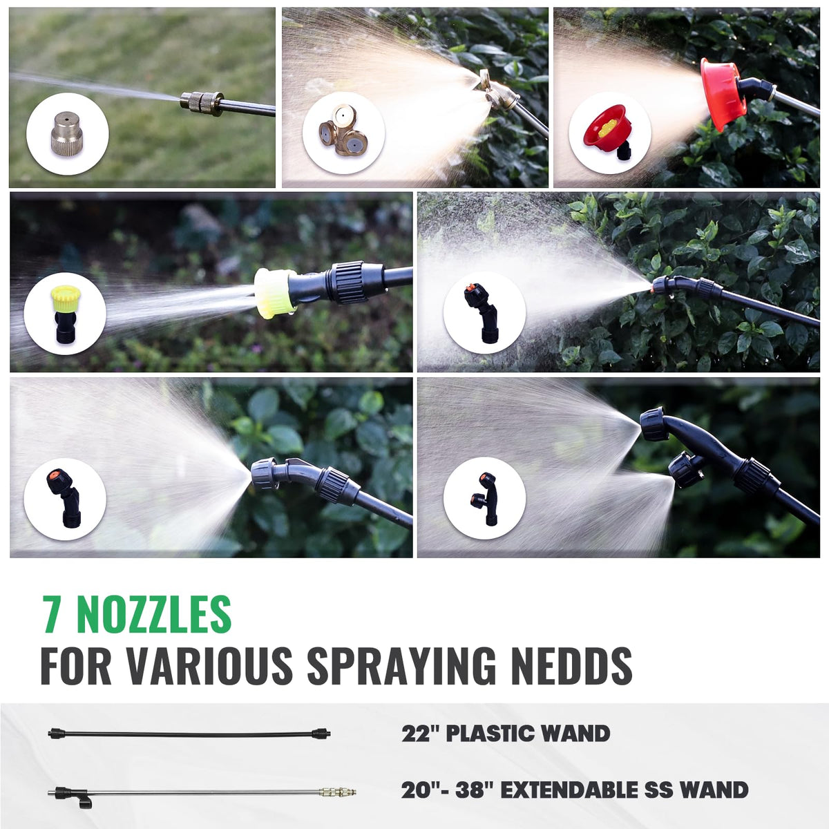 Mayoki backpack sprayer showing 7 nozzles for versatile garden tasks.
