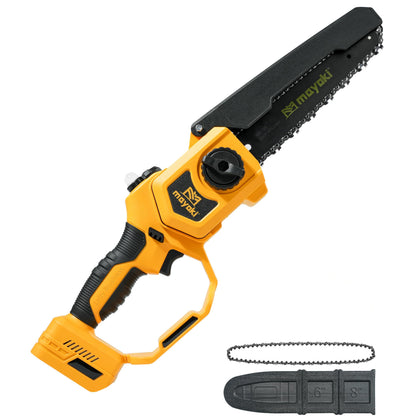 Mayoki cordless 8-inch chainsaw with battery and charger for fast yard work.