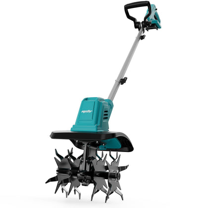 Mayoki cordless brushless tiller front view showing Makita 18V compatibility for versatile gardening.