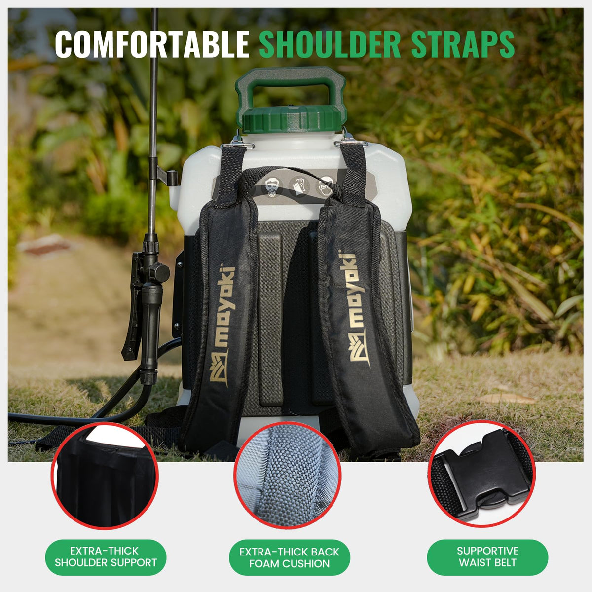 Mayoki ergonomic padded-back design minimizes fatigue during long spraying sessions.