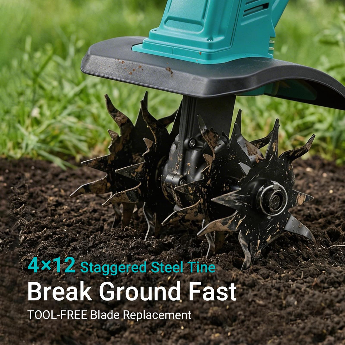 Mayoki tiller demonstrates 10-inch tilling path for efficient bed prep.