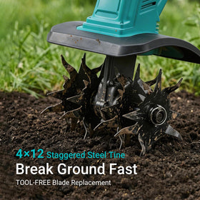 Mayoki tiller demonstrates 10-inch tilling path for efficient bed prep.
