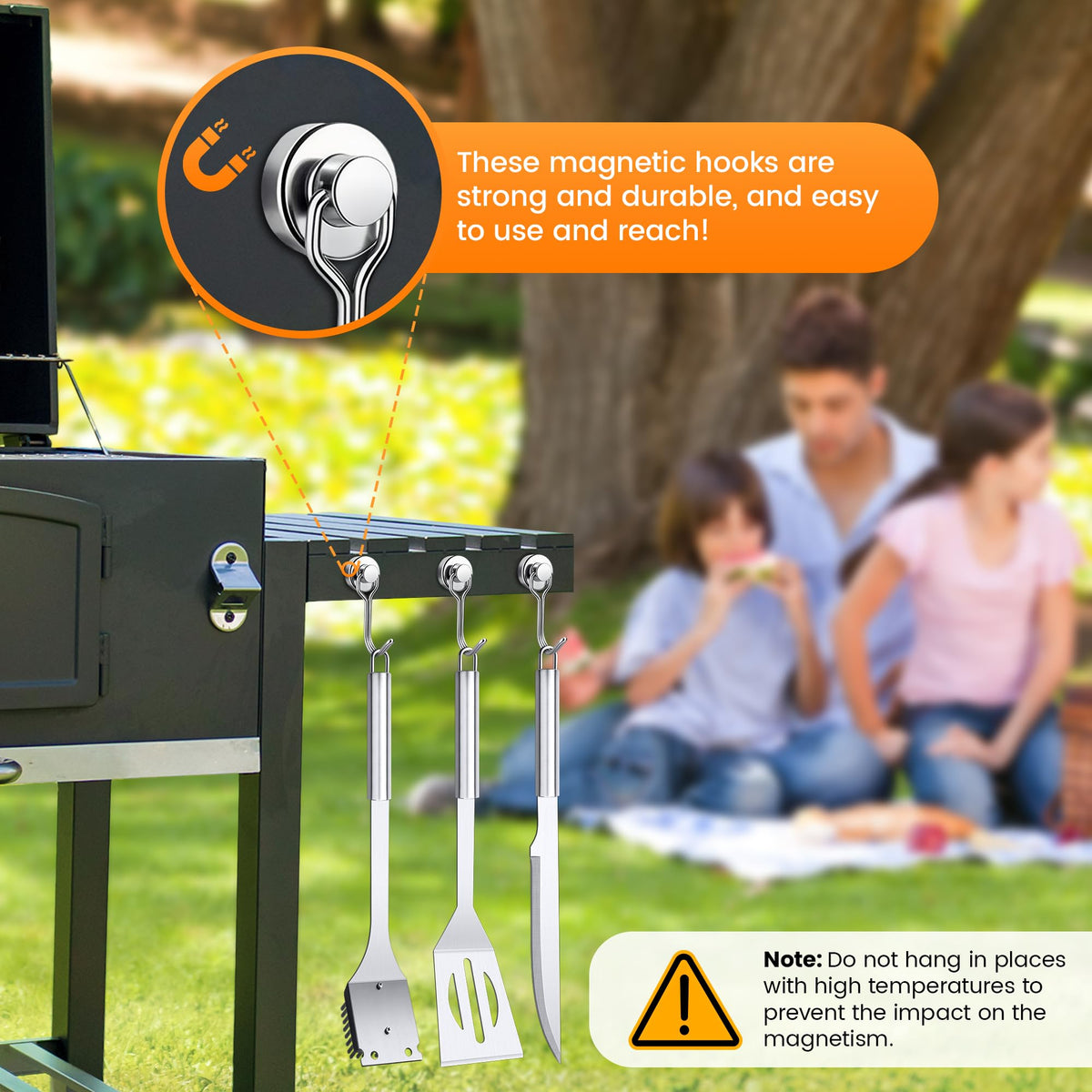 Maywe Tanso ergonomic handles keep hands away from heat during grilling.