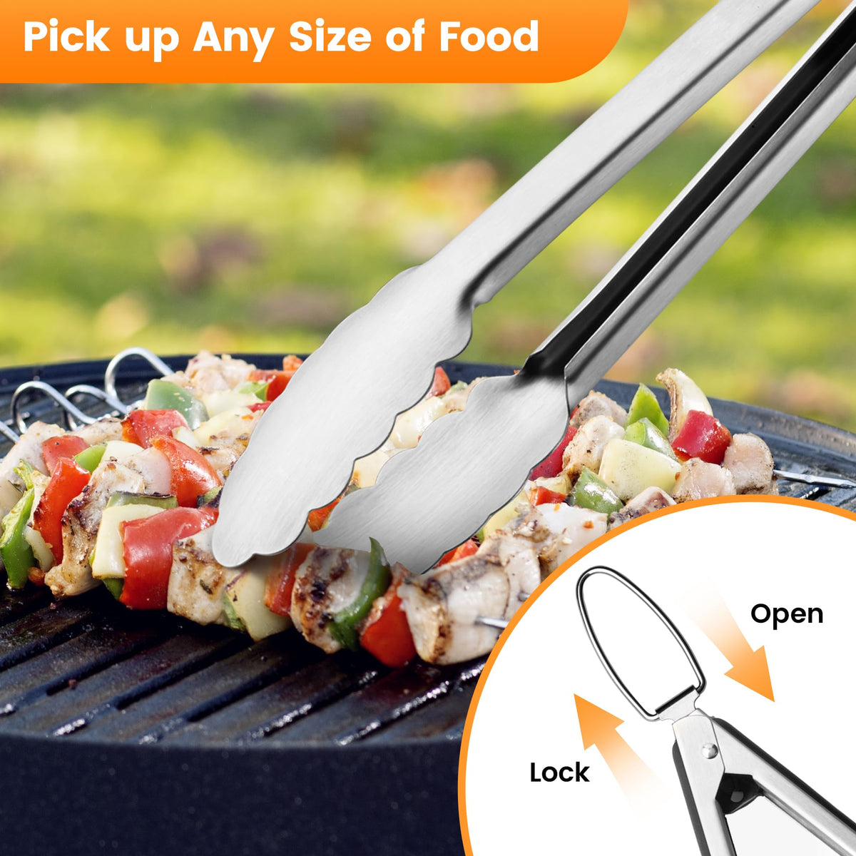 Lockable tongs provide secure storage after cooking.