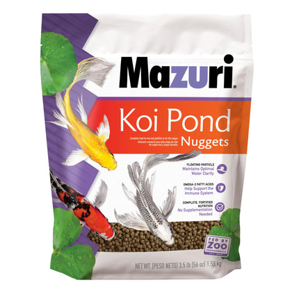Mazuri Koi Floating Pond Nuggets bag for convenient feeding.