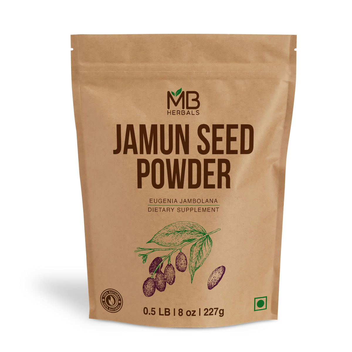 MB Herbals Jamun Seed Powder jar with 75 servings, pure and additive-free.