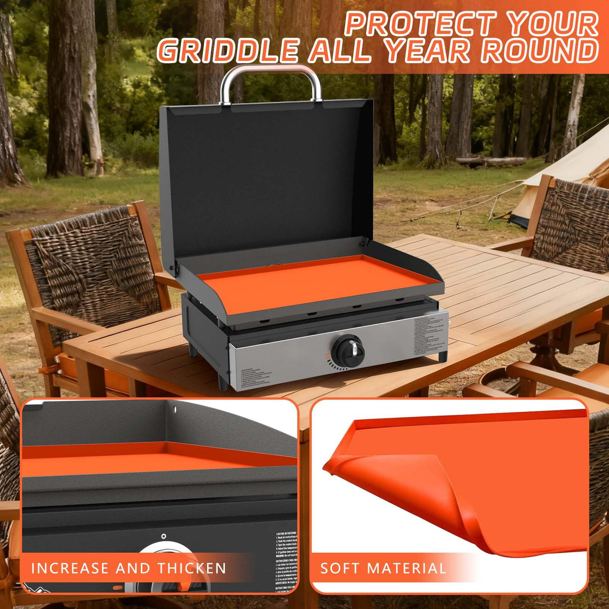 MBYLOEBA dust-proof mat with raised edge keeps griddle clean during outdoor cooking.