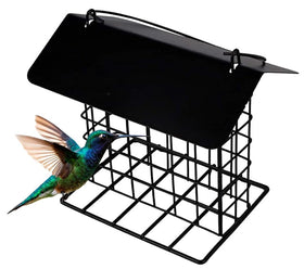 Mcage roof-top suet feeder stand for outdoor bird feeding.