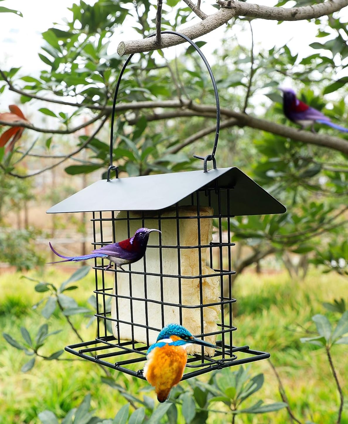 Mcage two-sided stand provides resting perches for birds while feeding.