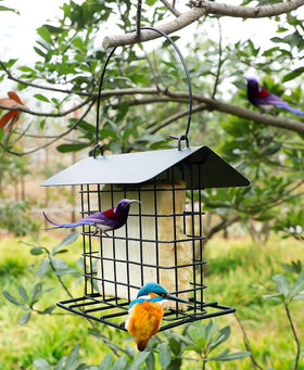Mcage two-sided stand provides resting perches for birds while feeding.