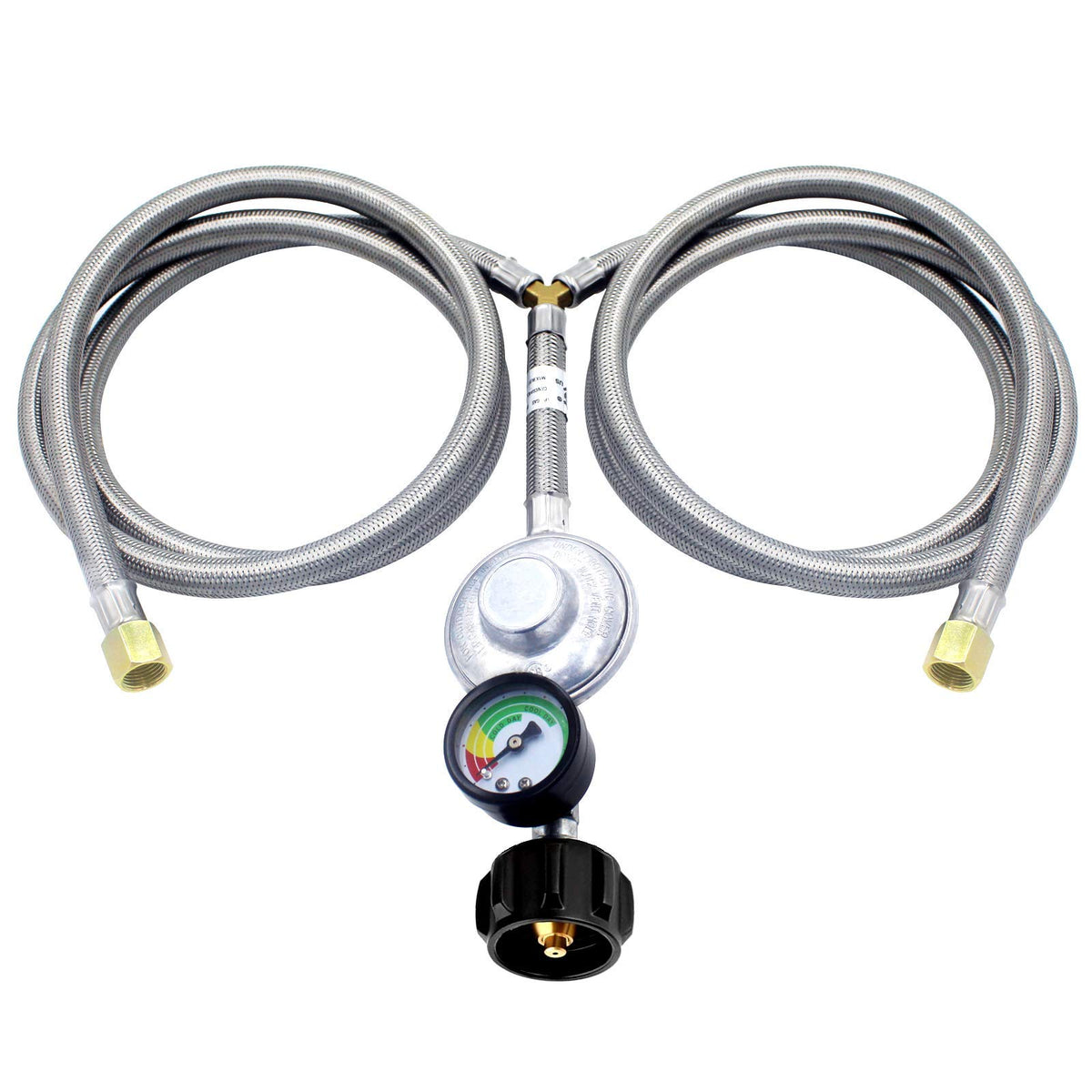 MCAMPAS 5ft Y-splitter regulator with gauge for dual propane appliances.