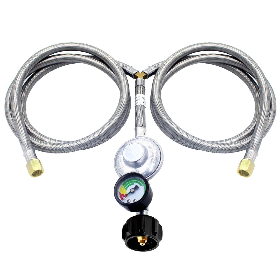MCAMPAS 5ft Y-splitter regulator with gauge for dual propane appliances.