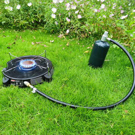 MCAMPAS hose connection for Coleman stove; quick, tool-free setup.