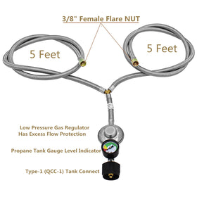 MCAMPAS stainless braided 2-way hose extends reach between tank and burners.