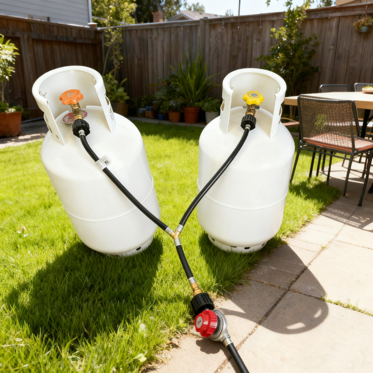 MCAMPAS inlet and outlet connectors show compatibility with 5–40 lb tanks