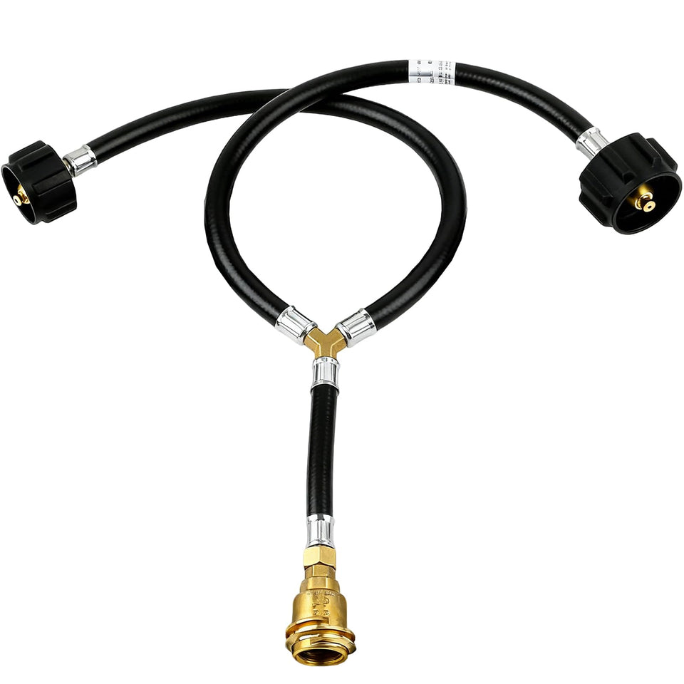 MCAMPAS front view of dual-tank propane Y splitter for extended grilling sessions