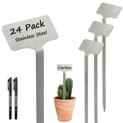 MCEUS stainless steel plant label with angled design for easy garden viewing.
