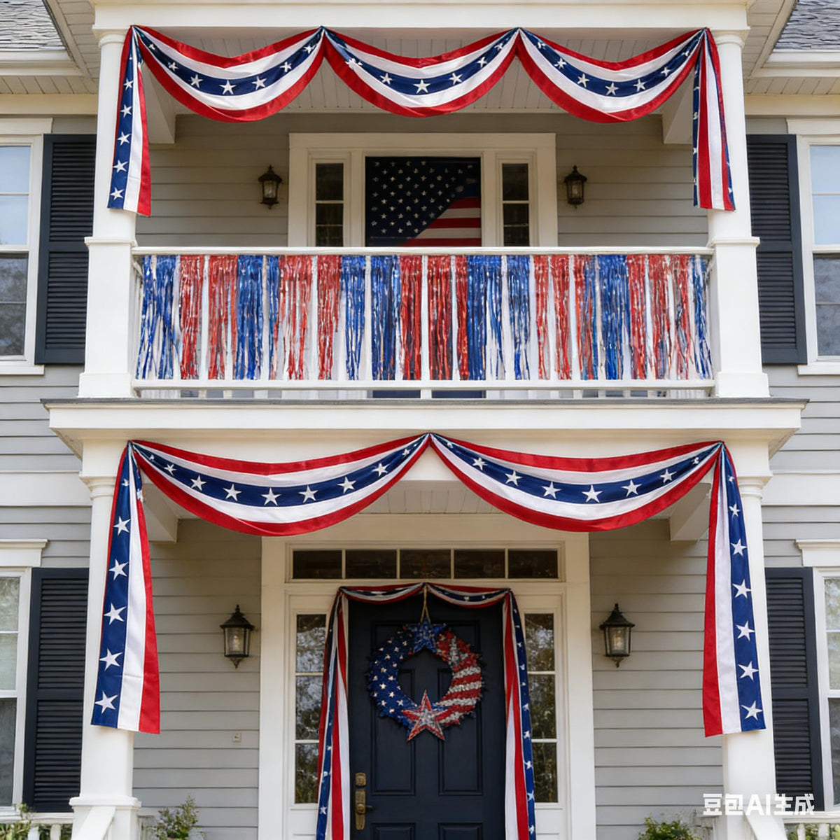 MCJC flag bunting decor enhances doorways with red white blue accents.