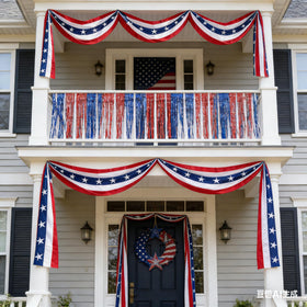 MCJC flag bunting decor enhances doorways with red white blue accents.