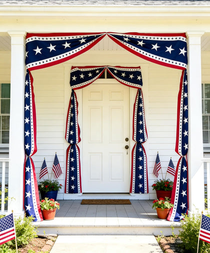 MCJC American banner bunting draped on a fence for a patriotic outdoor display.