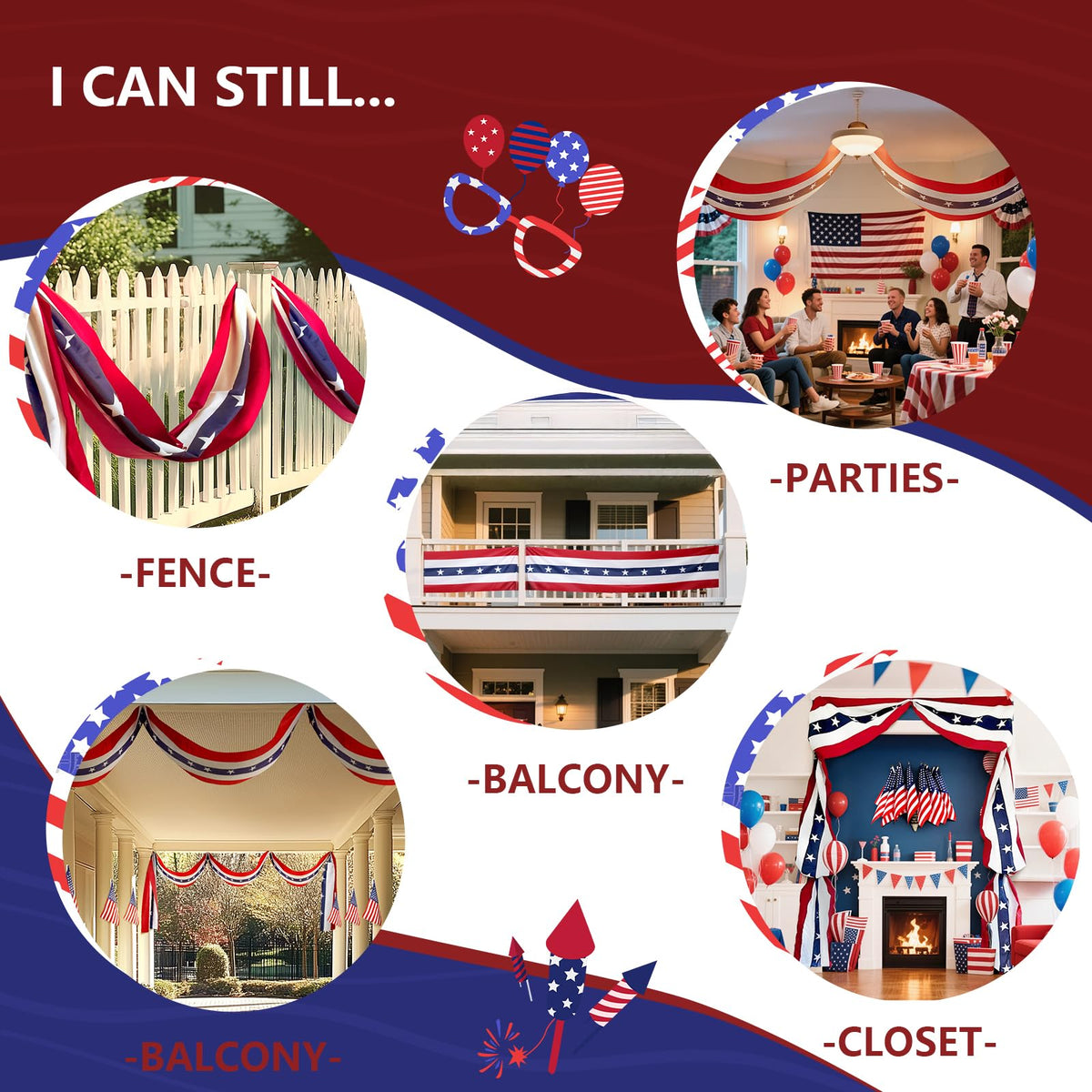 MCJC bunting doorway window display highlights classic stars and stripes.