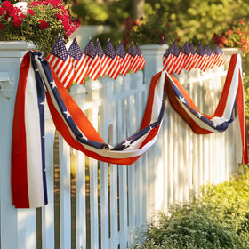 MCJC patriotic garland closeup shows durable fabric colors.
