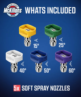 McKillans Soft Nozzles 60° angle covers large areas quickly during wash.