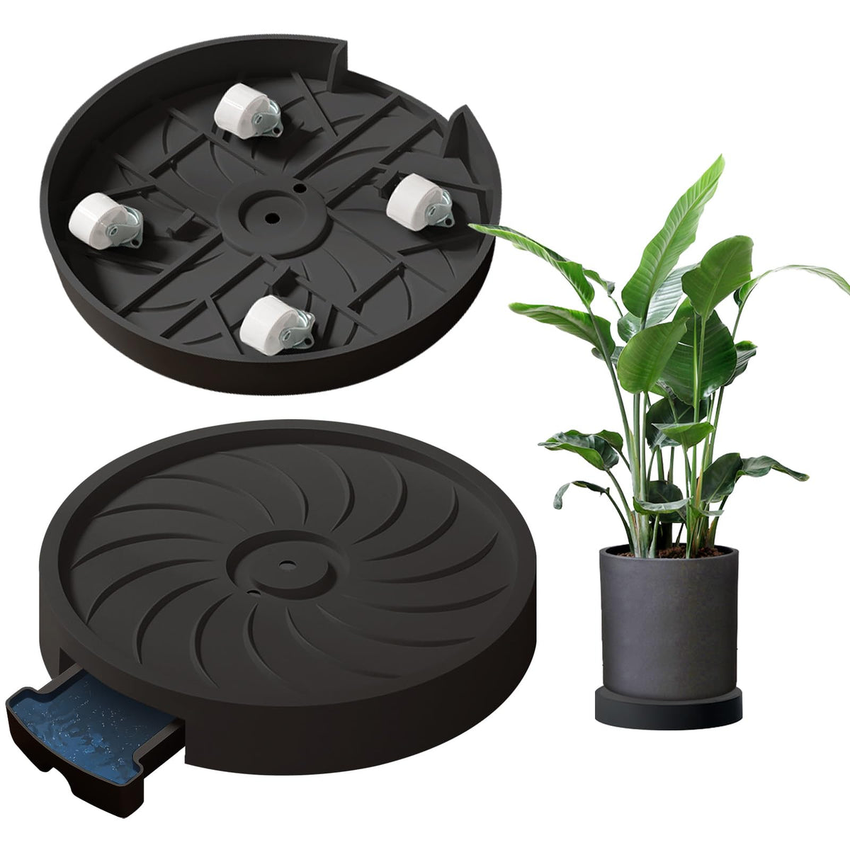 MCleanPin plant caddy with hidden wheels safely supports heavy pots and enables relocation.