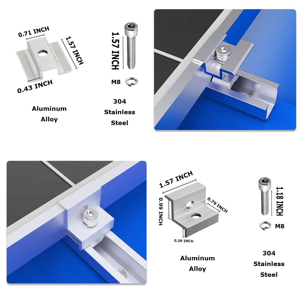 MCOOH middle clamp attachment enables even spacing for four-panel in-row setups.