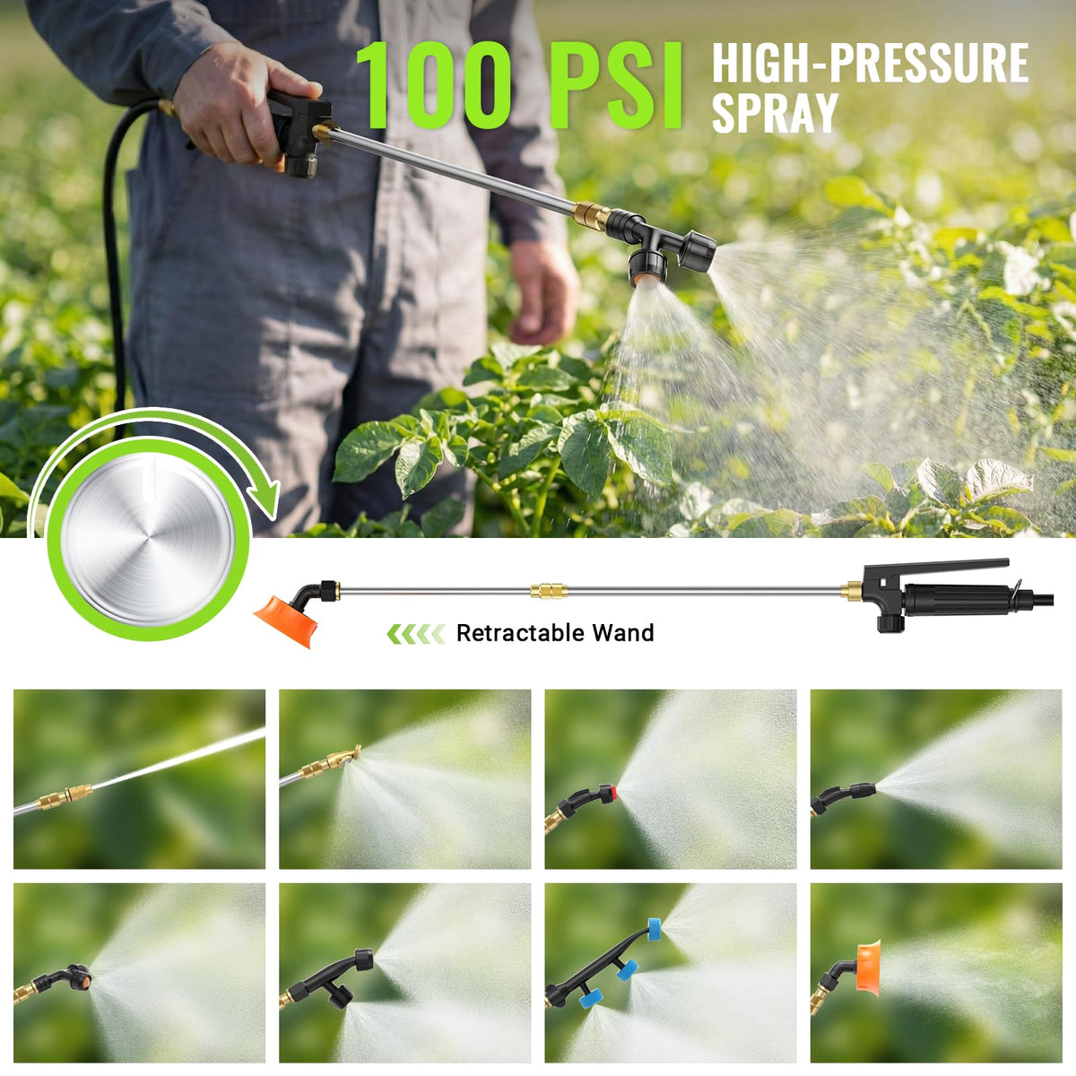 MCY sprayer delivering 100 PSI for thorough coverage up to 25 feet