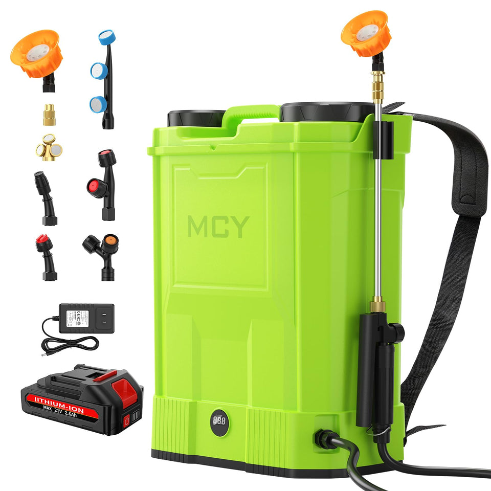MCY battery-powered backpack sprayer tank for large lawn coverage