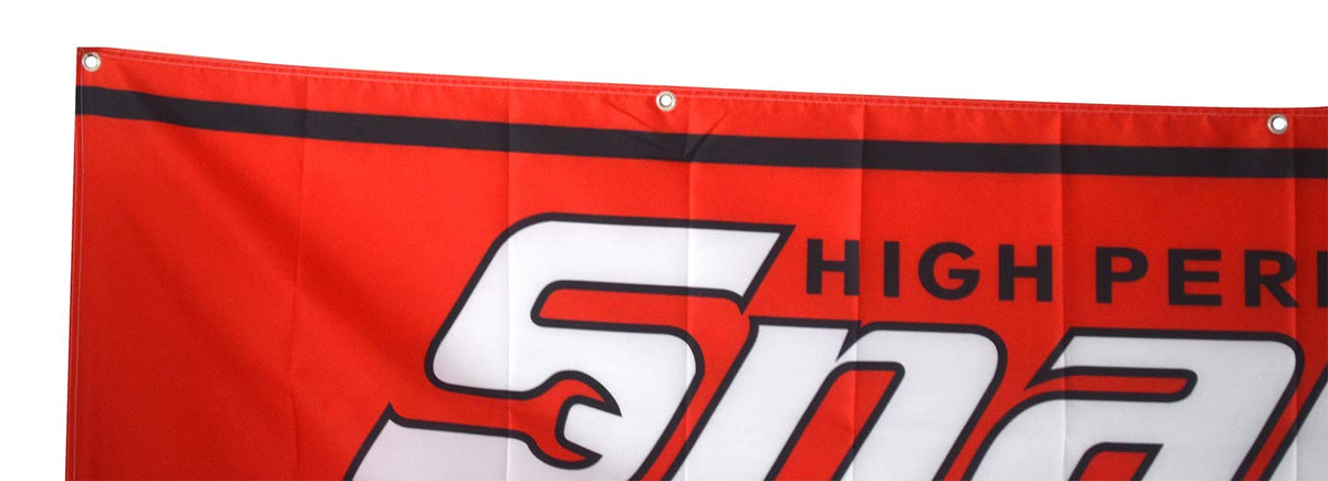 mDesign Daoops banner hanging setup shows 10 grommets for easy mounting.