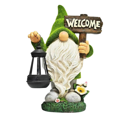 Meagkka garden gnome holding lantern, adds decorative nighttime lighting along pathways.