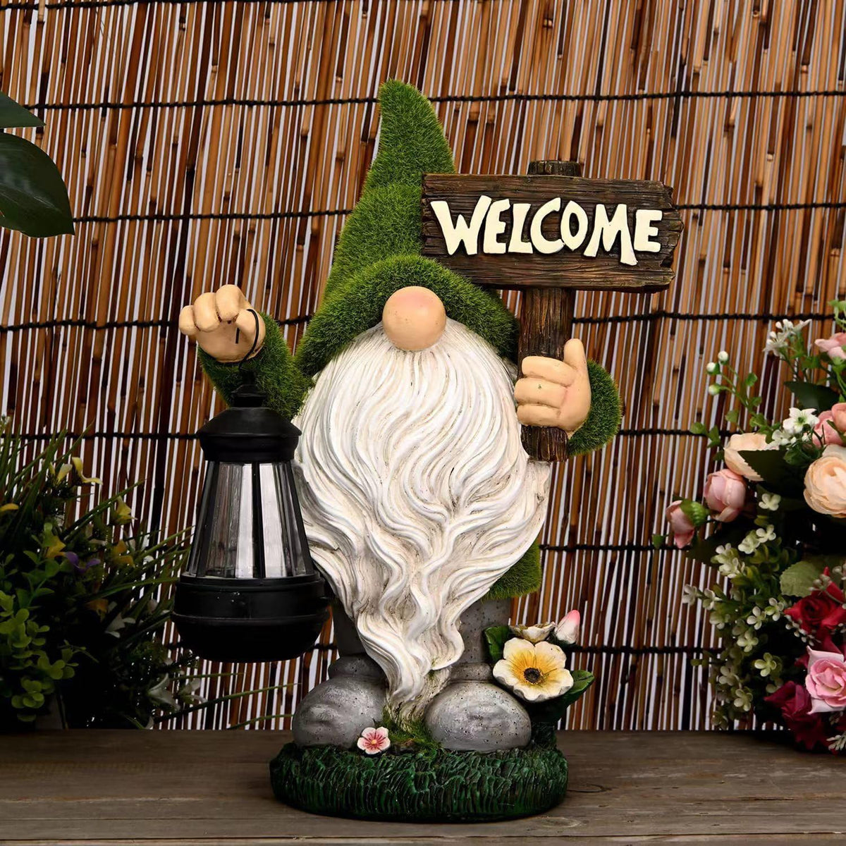Meagkka garden gnome with welcome sign, creates entryway charm day and night.
