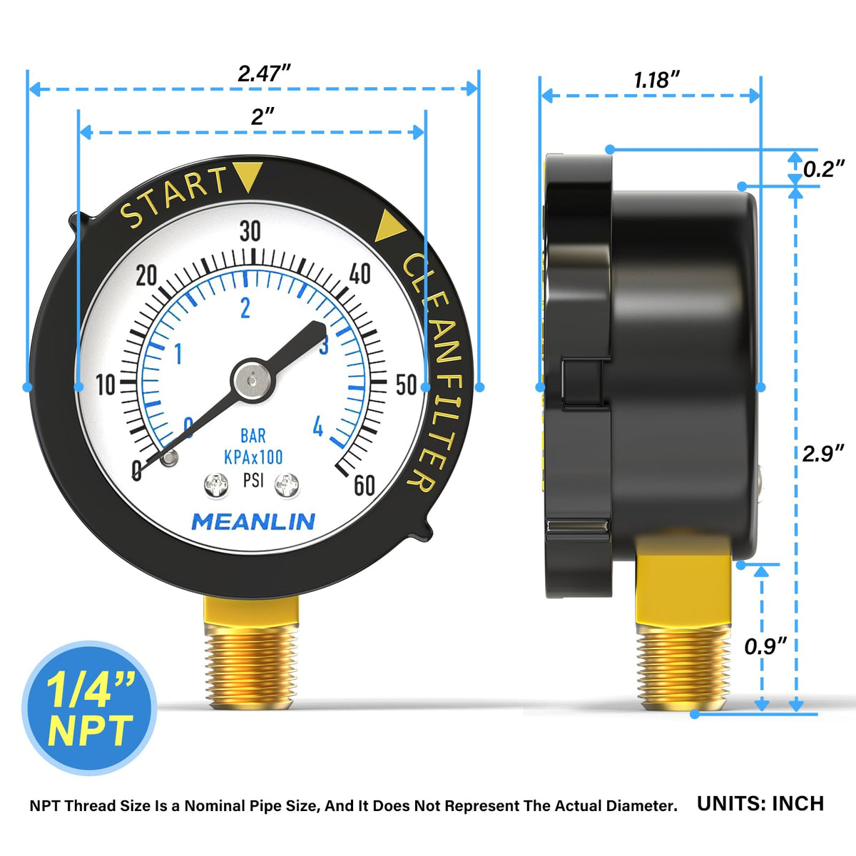 Meanlin Measure dial close-up showing clear 2-inch dial for precise readings