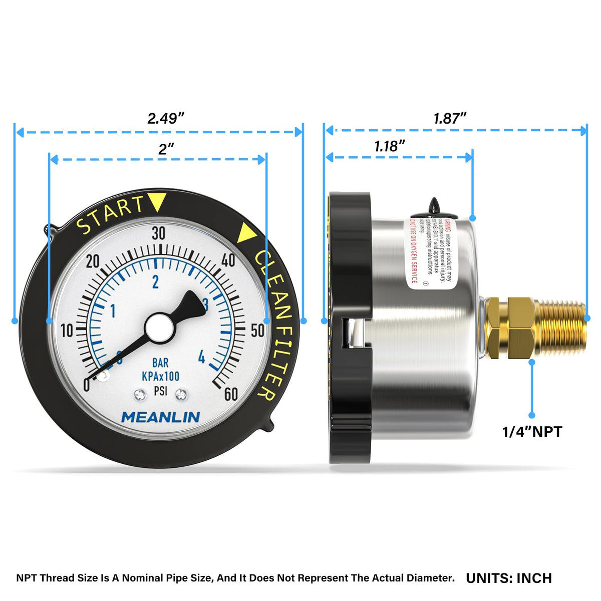 Stainless steel MEANLIN MEASURE gauge ideal for pool filters and spa systems
