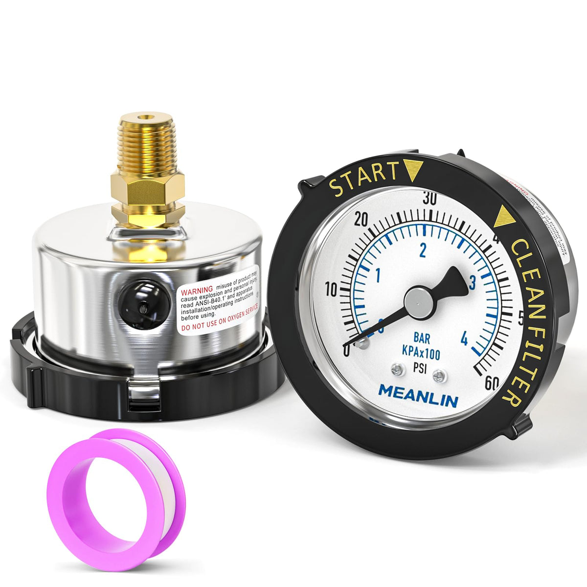 MEANLIN MEASURE pressure gauge with 2-inch dial, back-mount for easy pool maintenance