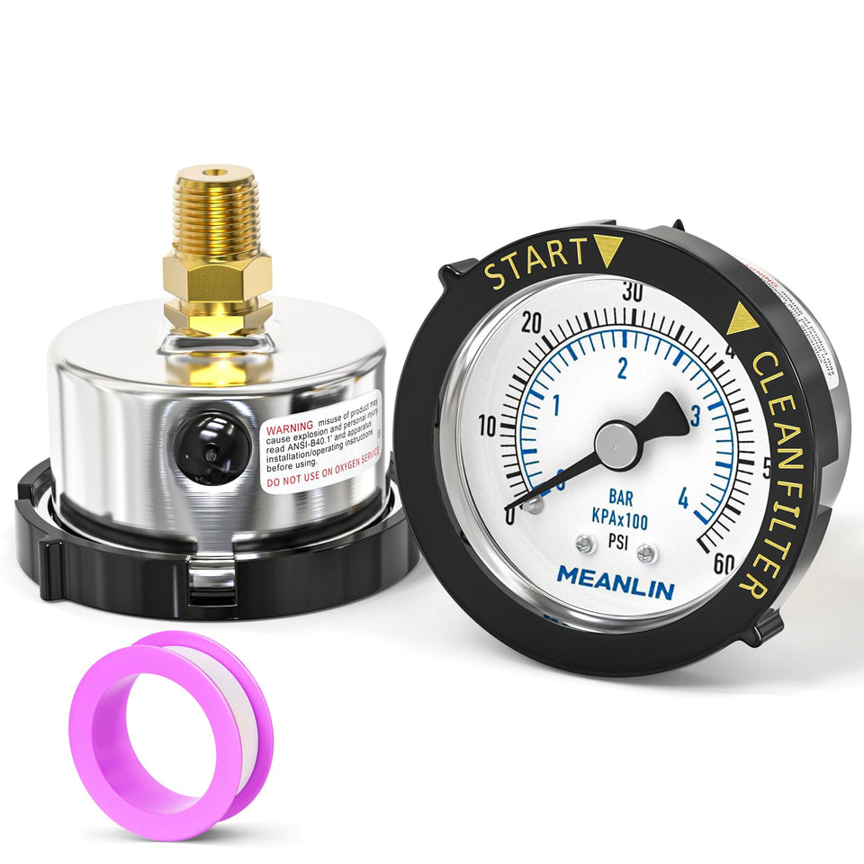 MEANLIN MEASURE pressure gauge with 2-inch dial, back-mount for easy pool maintenance