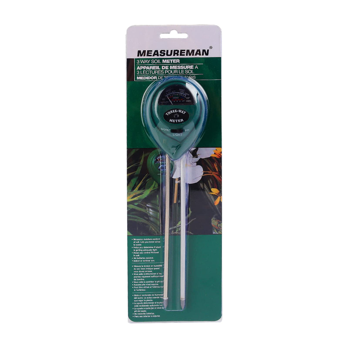 MEASUREMAN 3-in-1 soil tester measuring moisture for better watering decisions.