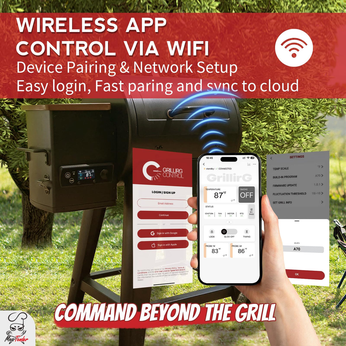 Meatender WiFi app control panel view for remote grill management