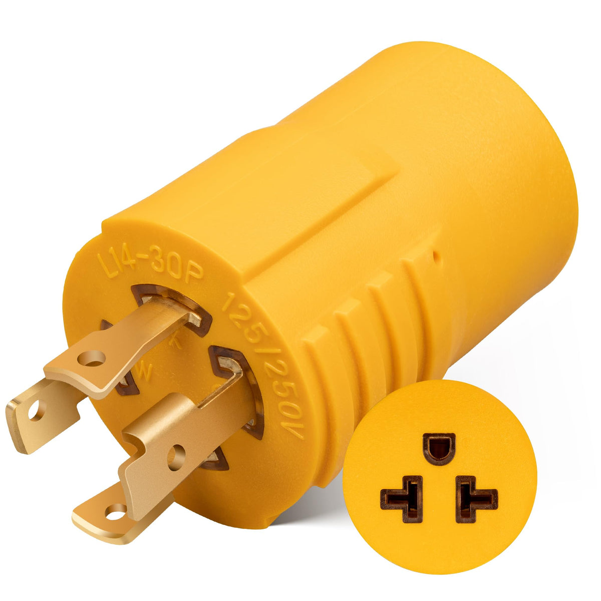 MECMO L14-30P to 5-15R/6-20R compact adapter showing versatile outlets