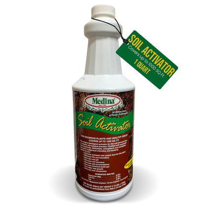 Medina Liquid Soil Activator bottle close-up supports vibrant soil health and plant vitality
