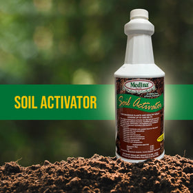 Medina Liquid Soil Activator bottle pour demonstrates easy watering for steady nutrient delivery