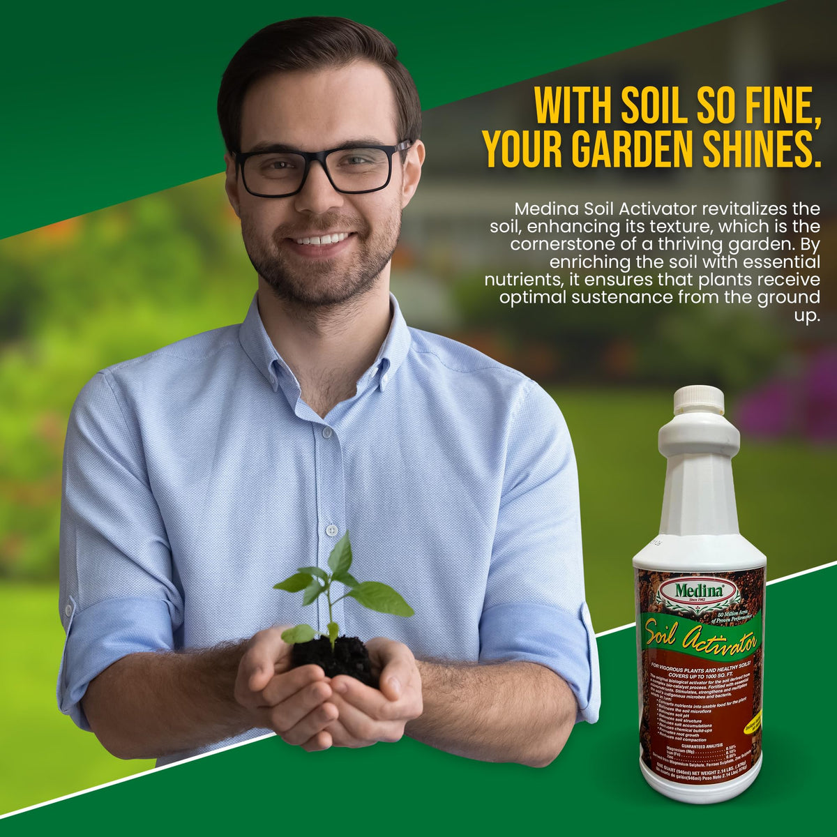 Medina Liquid Soil Activator boosts soil health for lawn, garden, and container plant setups